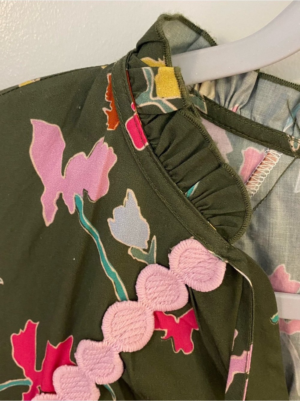 CROSBY by Mollie Burch Olive Floral Ruffle Dress with Pink Scallop Trim - Picture 4 of 8
